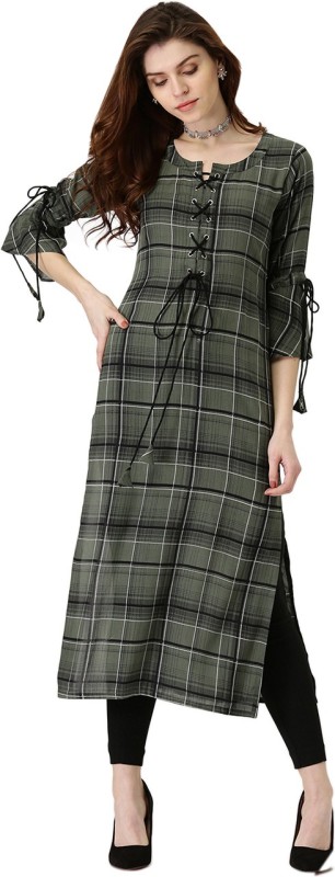 Women Checkered Cotton Rayon Blend Straight Kurta Price in India