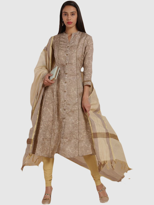 Imara Beige Printed Kurta Churidar Set With Dupatta Price in India