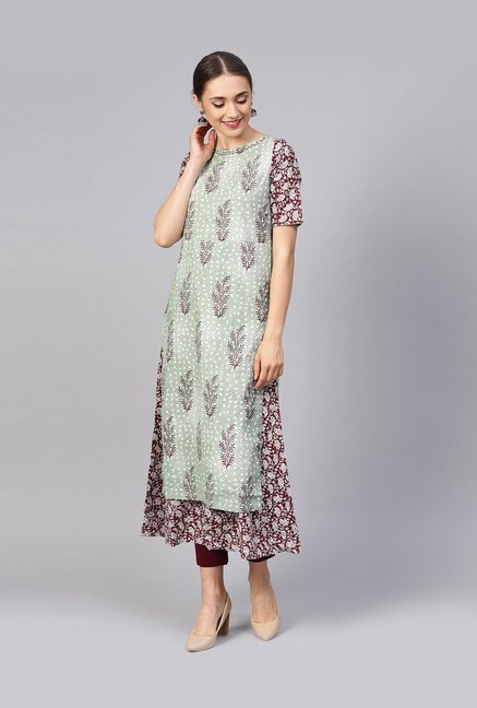 Jaipur Kurti Mint Green Cotton Printed A Line Kurti Price in India