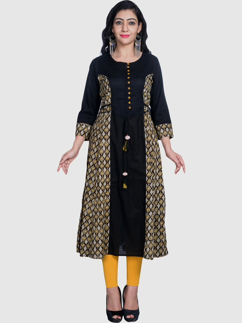 Suti Black Cotton Printed A Line Kurti Price in India