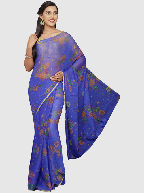 Pavecha's Royal Blue & Orange Floral Print Saree With Blouse Price in India