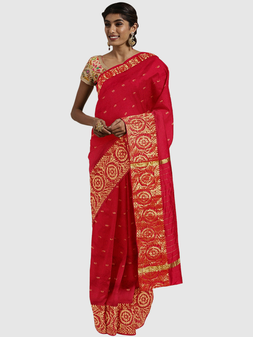 Pavecha's Red & Golden Woven Saree With Blouse Price in India