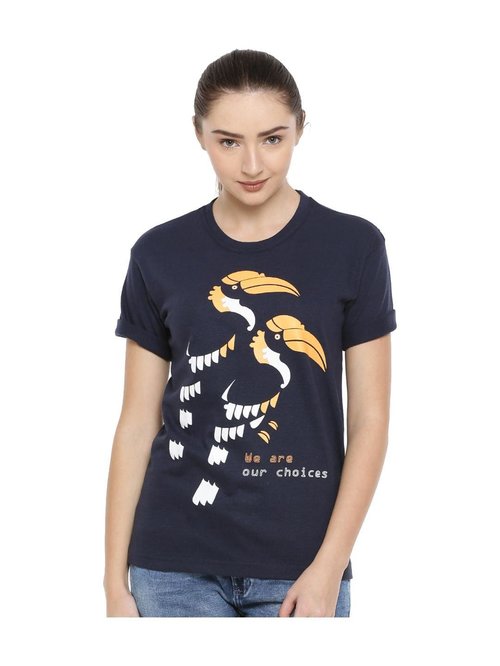 One For Blue Navy Printed T-Shirt Price in India