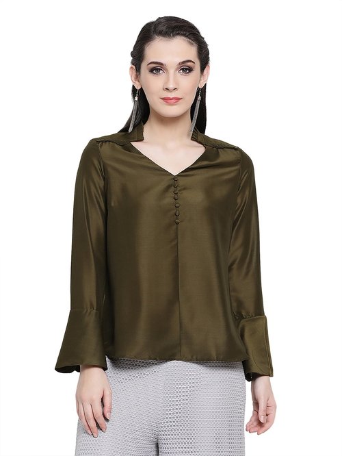 Office & You Dark Olive Top With Frill Collar & Buttons Price in India