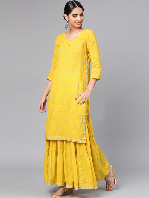 Ishin Yellow Cotton Embroidered Kurta Sharara Set Price in India