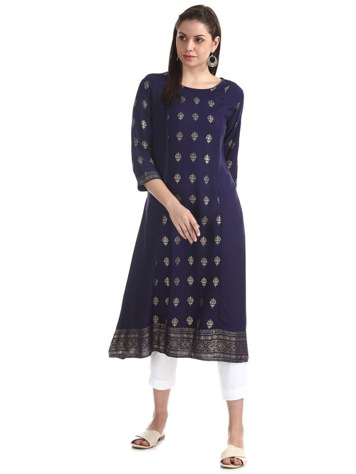 Anahi by Unlimited Navy Printed A Line Kurti Price in India