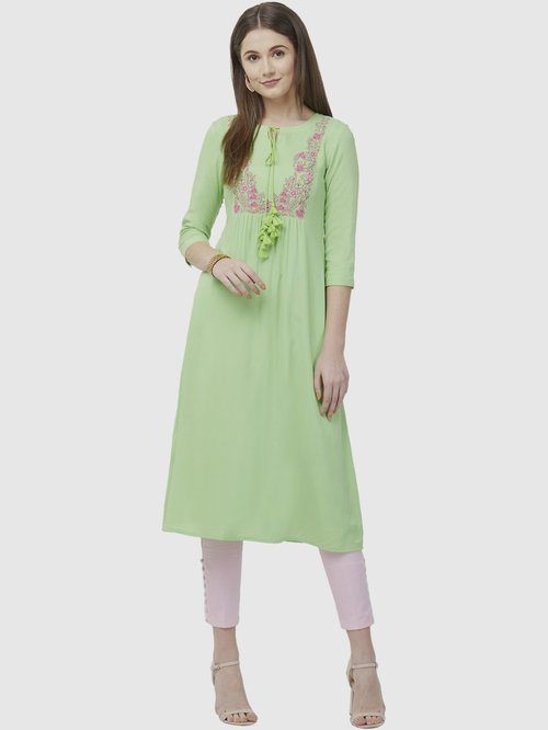 Naari Pista Green Embroidered A Line Kurti Price in India