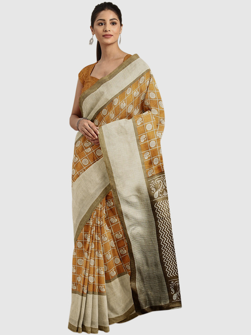 Pavecha's Yellow & Silver Printed Saree With Blouse Price in India