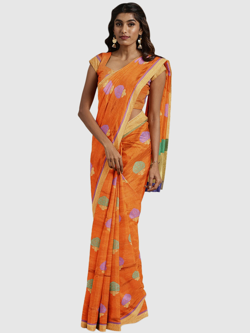 Pavecha's Orange & Purple Woven Saree With Blouse Price in India