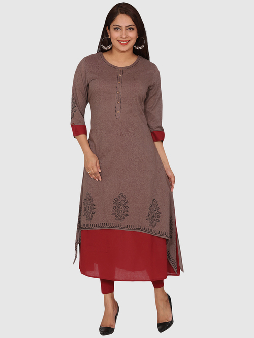 Suti Brown & Red Cotton Printed Straight Double Layered Kurti Price in India