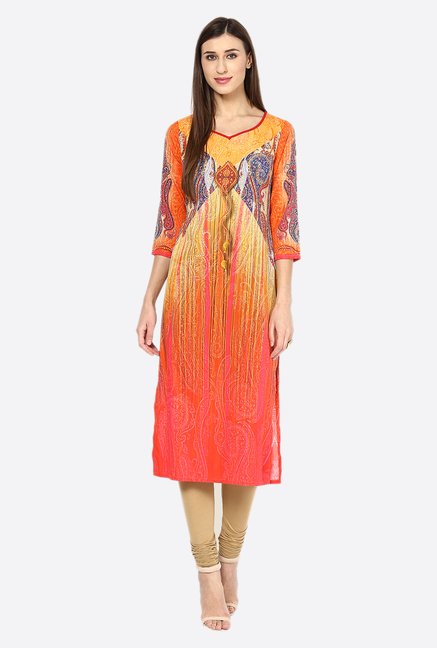 Fusion Beats Orange Printed Polyester Kurta Price in India