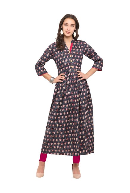 Inddus Black Cotton Printed A Line Kurti Price in India