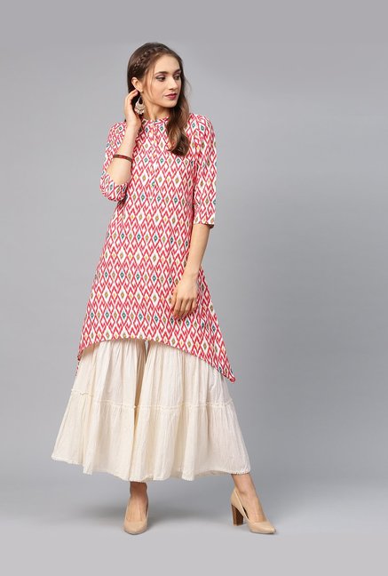 Juniper White & Red Printed A Line Kurti Price in India