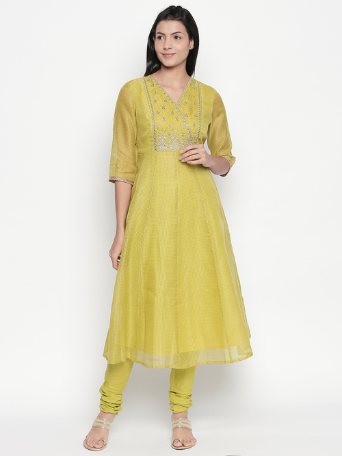 Rangmanch by Pantaloons Lime Embroidered Kurta With Churidar Price in India