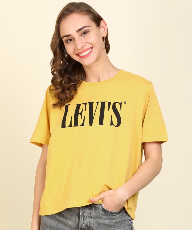 Printed Women Round Neck Yellow T-Shirt Price in India