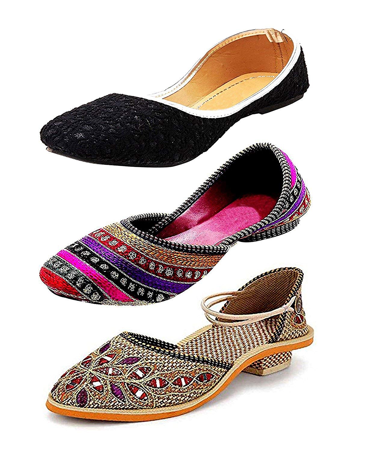 RYAG Rajasthani Jaipuri Multicolour Ethnic Womens and Girls Bellies & Sandals 3 Pair Combo Price in India