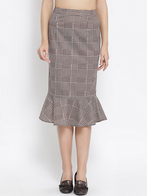 Office & You Brown Check Lycra Fish Cut Skirt Price in India