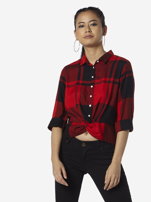 Nuon by Westside Red Checkered Doug Cropped Shirt Price in India