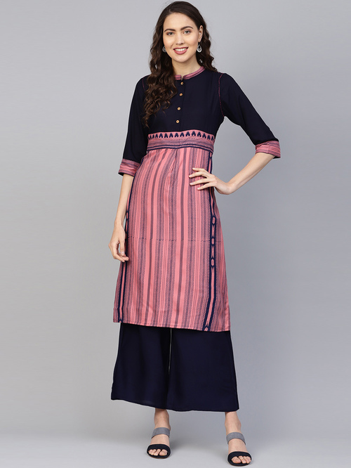 Anaisa Pink & Navy Printed Kurti Palazzo Set Price in India