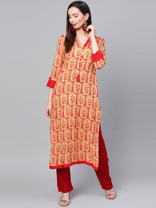 Anaisa Beige & Red Printed Kurti Pant Set Price in India