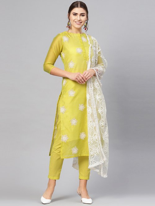 Inddus Green Embroidered Kurti Pant Set With Dupatta Price in India