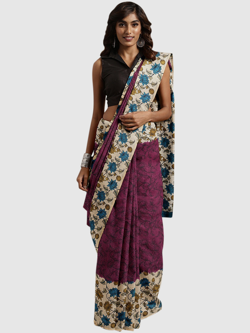 Pavecha's Purple & White Floral Print Saree With Blouse Price in India