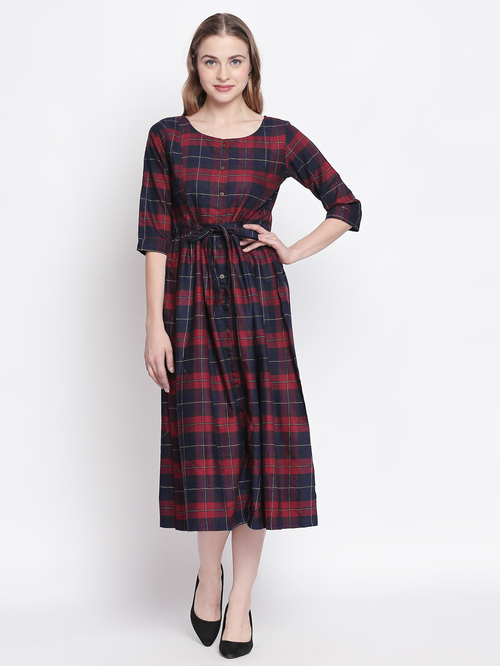 Akkriti by Pantaloons Maroon Checks Midi Dress Price in India