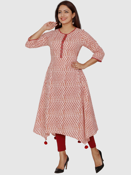 Suti Red & Beige Cotton Printed A Line Kurti Price in India