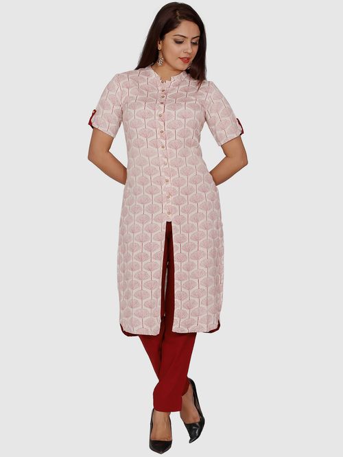 Suti Off-White & Maroon Cotton Printed Straight Kurti Price in India