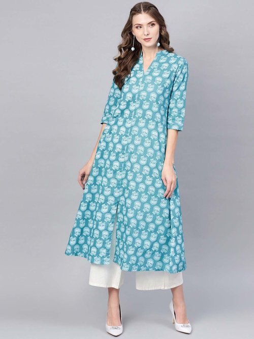 Gerua Blue Cotton Floral Print A Line Kurti Price in India