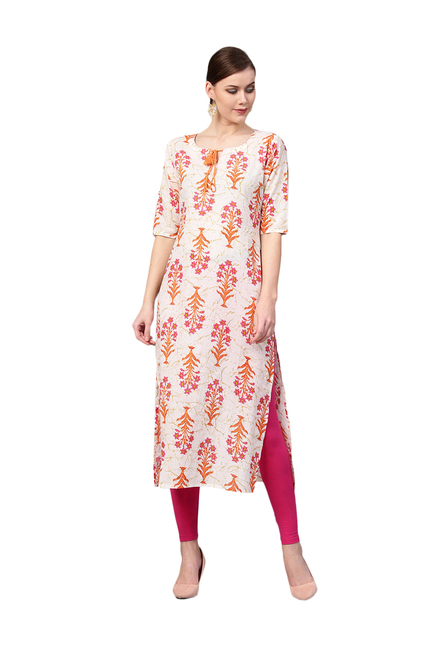 Gerua Off-White Cotton Floral Print Straight Kurti Price in India