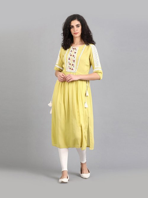 W Yellow Embroidered A Line Kurta Price in India