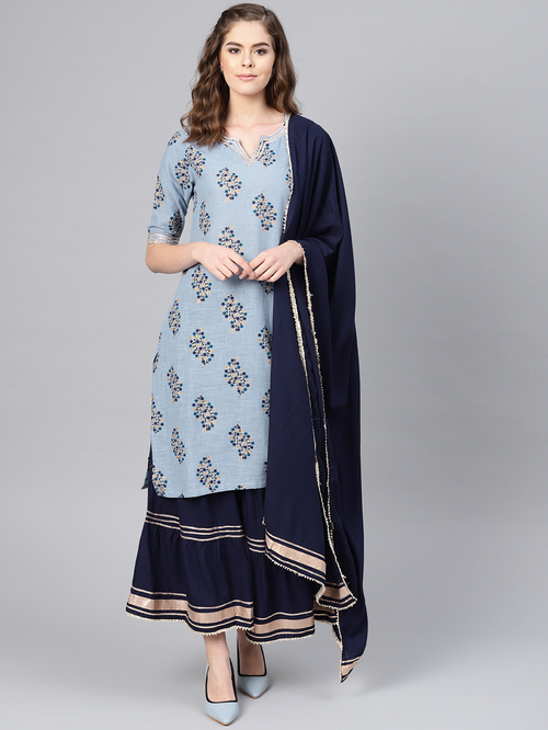 Ishin Blue Cotton Floral Print Kurta Sharara Set With Dupatta Price in India