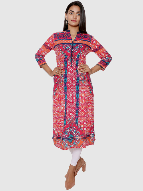 Suti Pink Cotton Printed Straight Kurti Price in India