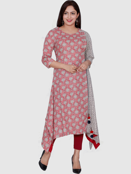 Suti Red & White Cotton Printed A Line Kurti Price in India
