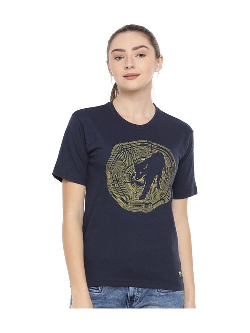 One For Blue Navy Printed T-Shirt Price in India