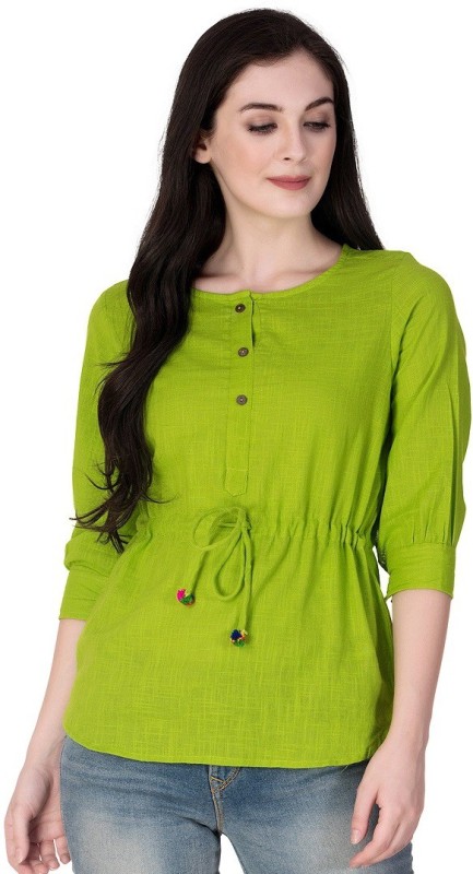 Casual 3/4 Sleeve Solid Women Green Top Price in India