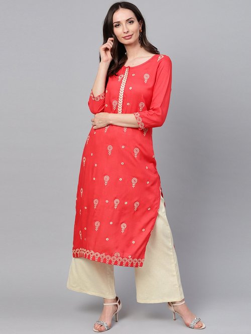 Anaisa Coral & Beige Embroidered Kurti Palazzo Set Price in India