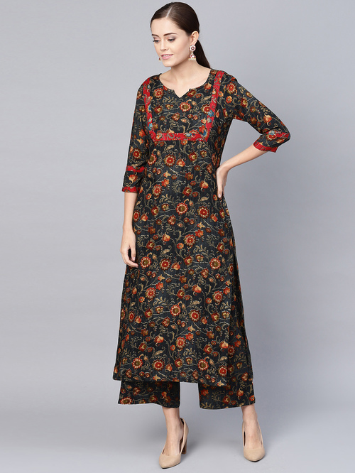 La Firangi Navy Floral Print Kurti Palazzo Set Price in India