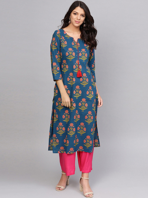 Varanga Blue Cotton Floral Print Straight Kurti Price in India