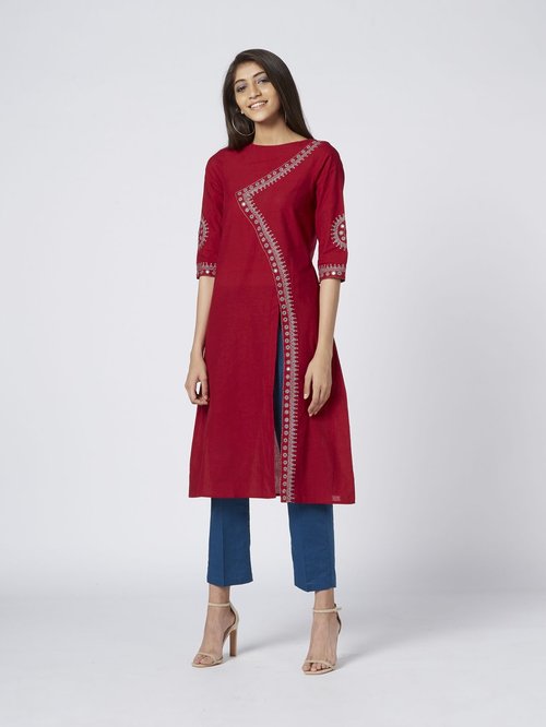 Okhai Red Ruby Pure Cotton Embellished A Line Kurti Price in India