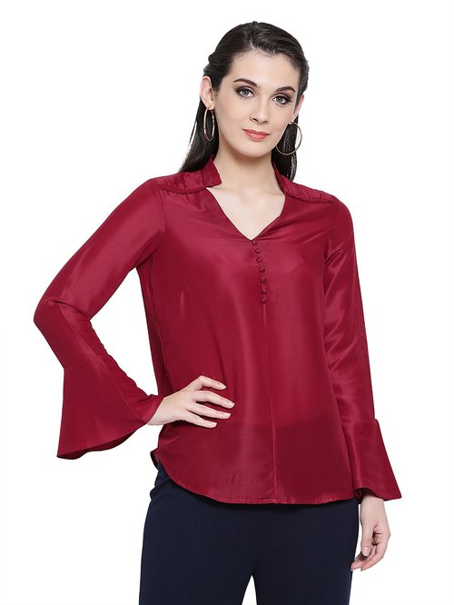 Office & You Maroon Top With Frill Collar Price in India