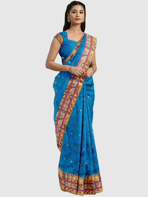 Pavecha's Blue & Golden Woven Saree With Blouse Price in India