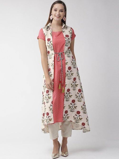 Rangmayee Pink Cotton Printed A Line Double Layered Kurti Price in India