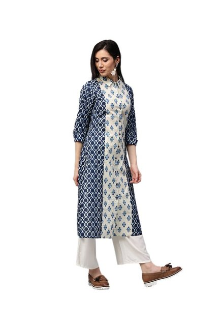 Jaipur Kurti Navy & White Printed Cotton Kurta & Palazzo Price in India