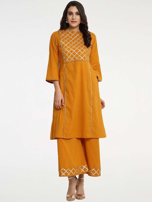 Bhama Couture Mustard Cotton Embroidered Kurti Palazzo Set Price in India