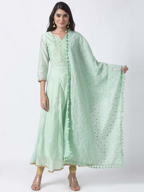 Ethnicity Green & Beige Embroidered Kurti Churidar Set With Dupatta Price in India