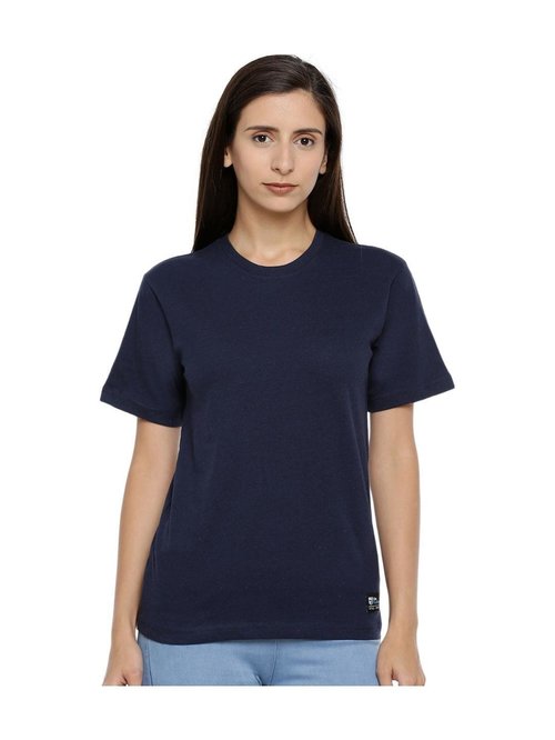 One For Blue Navy Textured T-Shirt Price in India