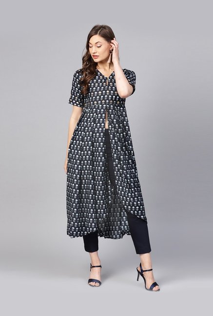 Jaipur Kurti Navy Printed A Line Kurti Price in India