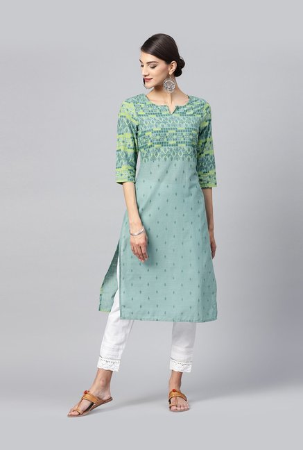 Juniper Green Cotton Printed Straight Kurti Price in India